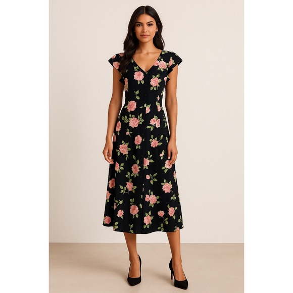 VTG Scarlett Dress Sz 10 Floral Print A-Line Maxi Shirt Dress Dark Romantic - Picture 1 of 9